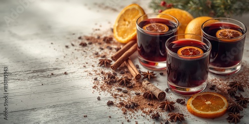 Closeup of hot red wine infused with spices, suitable for winter drink promotion