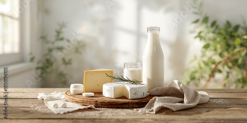 Assorted dairy items arranged on a surface, ideal for food preparation or presentation