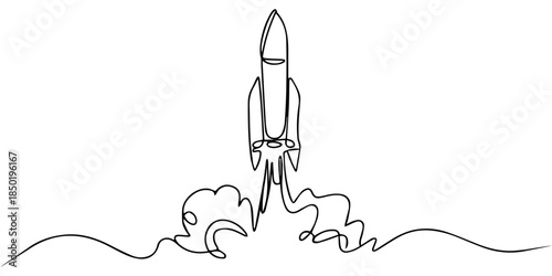 Continuous single one line art drawing of a minimalist rocket launching upwards with exhaust for modern vector, Continuous one line drawing of a rocket launching with smoke. concept of startup, space