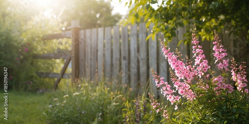 Pink gaura blossoms moving in the breeze near a wooden fence, seasonal flowering