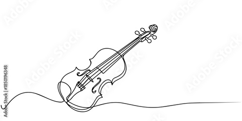 Violin continuous one line drawing, continuous one line drawing. Classic violin music instrument single line art illustration, for orchestra and concert banner in simple linear style. Editable stroke.