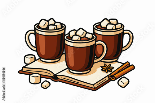 Three hot cocoa mugs with marshmallows on wooden board, cozy winter drink set with cinnamon sticks and star anise, warm cafe comfort mood