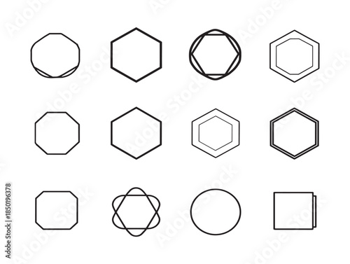 Geometric shapes and industrial fasteners line drawings