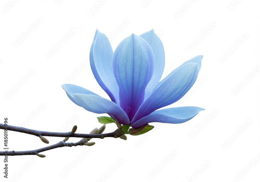 Fototapeta premium Stunning vibrant blue magnolia flower blossom isolated against a pure white background. Elegant detailed macro shot of spring nature ,elegant ,nature ,vibrant