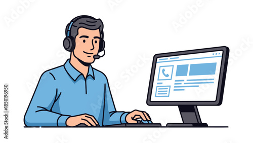 Male customer service agent wearing a headset at a computer