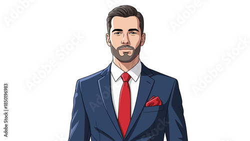 Male figure in a dark blue suit white shirt red tie and pocket square