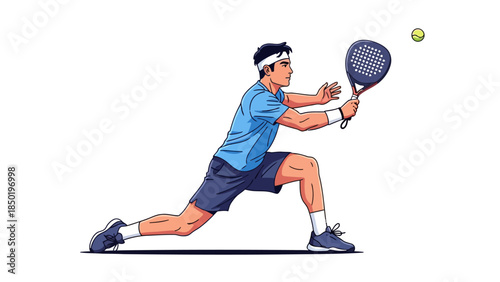 Male padel player lunging to hit a ball with a racket