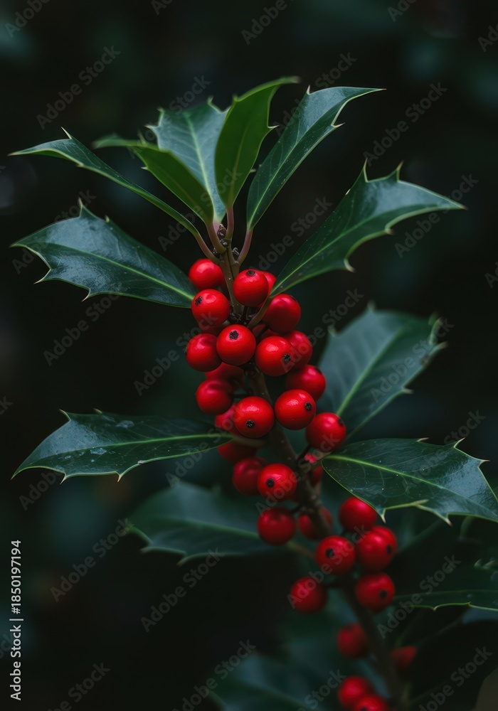 Fototapeta premium Vibrant green holly leaves featuring clusters of bright red berries, showing the festive beauty of winter flora in a natural setting, symbolic, natural, botanical