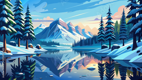 Winter reflection of snow-covered pine trees mirrored in the calm waters of Lake Eibsee, creating a serene alpine landscape with crisp air and peaceful natural symmetry