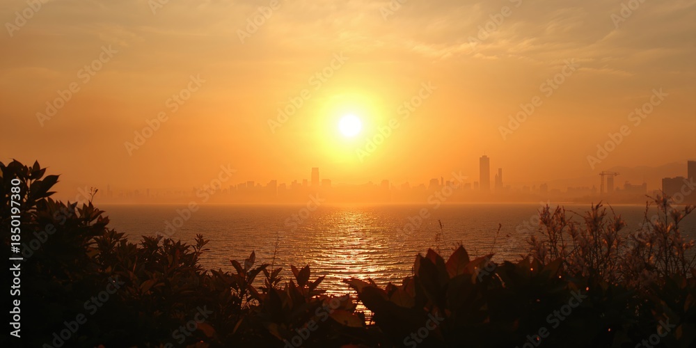 Naklejka premium Plant silhouettes in front of a rising fireball, natural elements against a vibrant sunrise, Earth Day