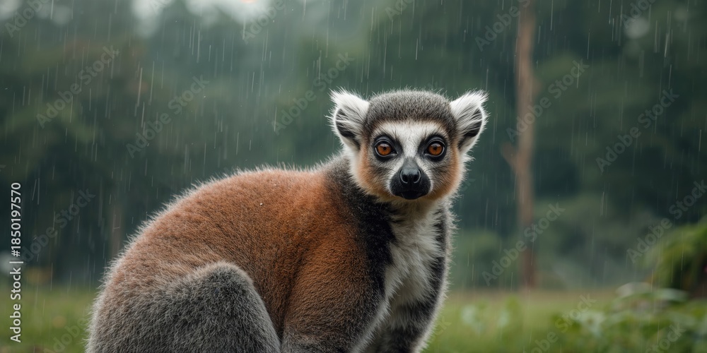 Fototapeta premium Common brown lemur in a park environment, natural behavior in urban areas