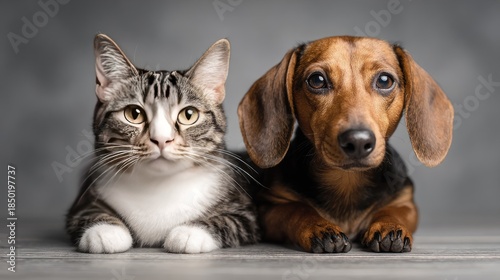 Cute tabby cat and dachshund dog posing on a gray background