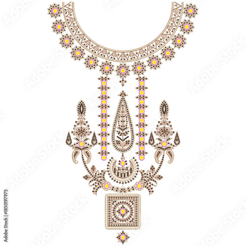 A beautiful indian asian embroidery neckline designs with paisley motifs geometrical ornaments for digital and textile print on fabric.