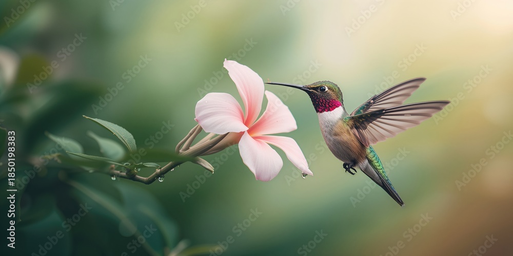 Naklejka premium Close-up of a hummingbird with iridescent feathers, capturing focus on small bird behavior, environmental conservation focus