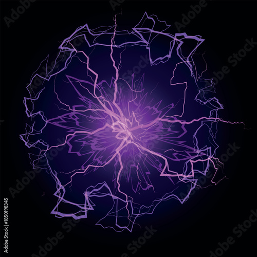 Thunderbolt purple sphere lightning effect on black, glowing energy fireball, magic burst rays, realistic electric spark