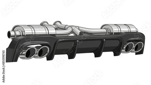 Render of a black rear car diffuser and chrome quad exhaust system