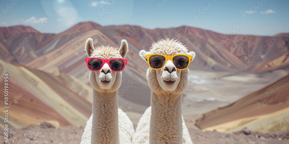 Fototapeta premium Mountain scene featuring llamas wearing sunglasses, highlighting animal behavior in high-altitude environments