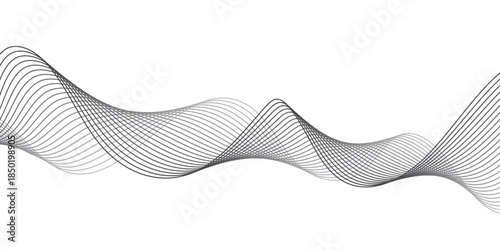 Abstract Technology Grey Wave Lines on transparent Background with Undulating Sound Frequency Swirl, Twisted Blend Tool Curves, Digital Data Science Geometry and Smooth Gradient Line Flow. 