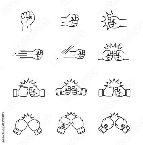 Martial Arts Fist and Punching Motion Icon Set.
