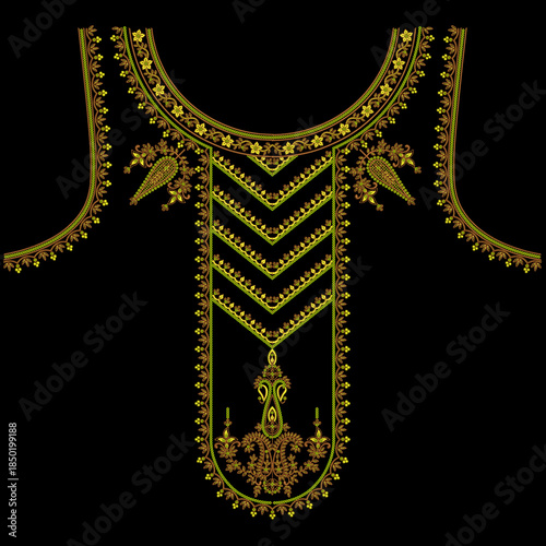 A beautiful indian asian embroidery neckline designs with paisley motifs geometrical ornaments for digital and textile print on fabric.