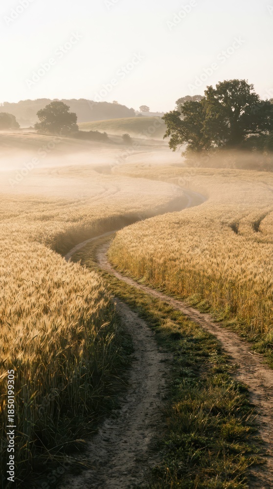 Fototapeta premium Serene Sunrise Over Wheat Field with Curved Pathway in Foggy Air