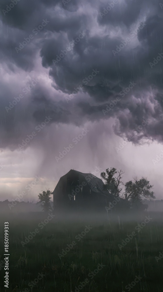 Fototapeta premium Dark Storm Clouds Over Abandoned Barn in Moody Landscape