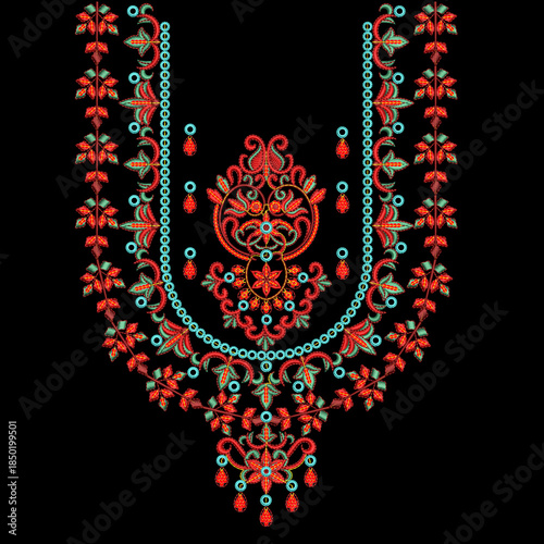 A beautiful indian asian embroidery neckline designs with paisley motifs geometrical ornaments for digital and textile print on fabric.