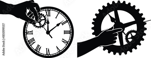 Clockwork mechanism illustration with hand and gears isolated on white background in flat design