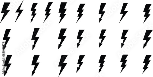 Collection of 24 varied lightning bolt icons isolated for flash sale designs and electricity symbol