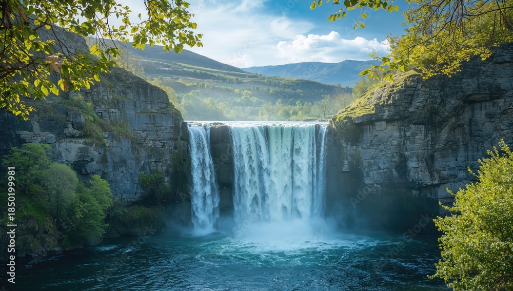 Fototapeta premium Waterfall scene following substantial rain, highlighting natural water movement and landscape change
