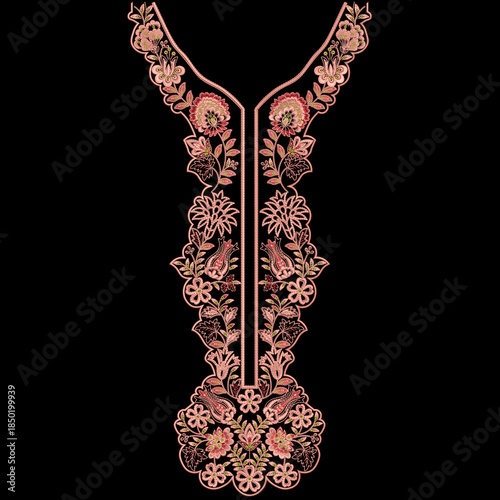 A beautiful indian asian embroidery neckline designs with paisley motifs geometrical ornaments for digital and textile print on fabric.