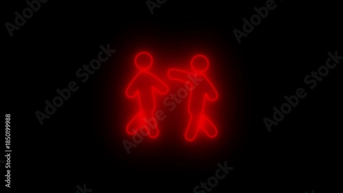 Neon Fighting Stick Figures Icon Glowing red on Black Background