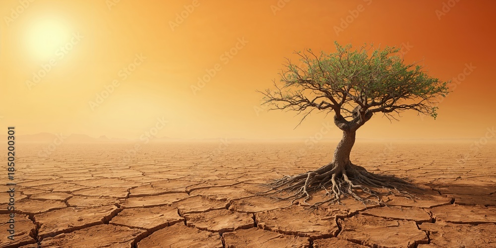 Fototapeta premium Arid soil with a lone tree illustrating soil erosion and desertification processes, World Soil Day