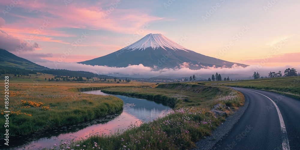 Fototapeta premium Panoramic landscape of a towering mountain seen from a designated viewpoint, highlighting natural erosion features, Earth Day