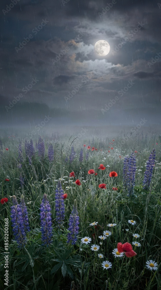 Naklejka premium Misty Night Landscape with Wildflowers Under Full Moon