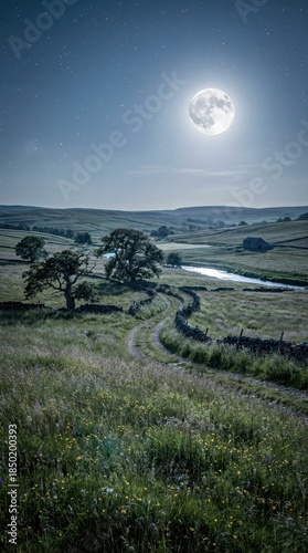 Serene Moonlit Landscape with River and Rolling Hills at Night