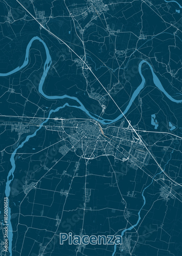 Map of Piacenza, Italy, rendered in a minimalist style. The map features a dark blue background with light blue rivers and white lines representing roads and city blocks.