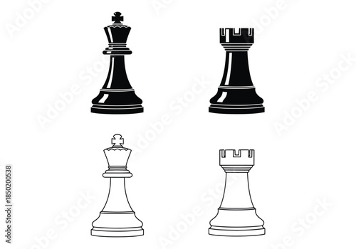 Chess king and rook pieces, black and white outlines