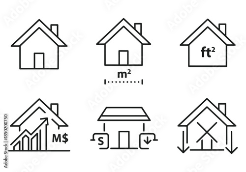 Real estate icons representing house value, size, and market trends