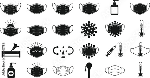 Health, safety, medical, COVID, prevention, icon, silhouette, black, white, mask, sanitizer, syringe, virus, thermometer, vaccine, hygiene, illness, minimal, grid, design