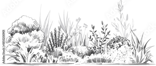 Detailed Sketch Of Garden Plants And Flowers In Grayscale drawing