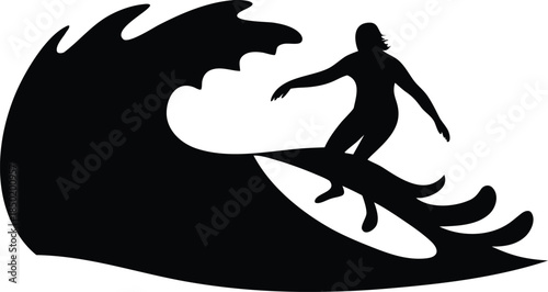 Graceful silhouette of a female surfer expertly riding a large cresting ocean wave