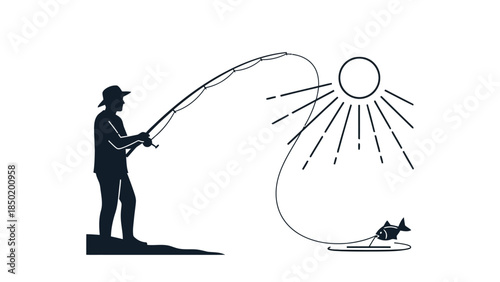Silhouette of an angler reeling in a fish under a stylized sun