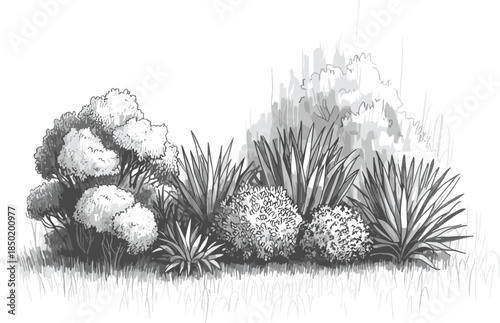 Detailed Sketch of a Lush Garden Bed with Bushes and Spiky Plants foliage
