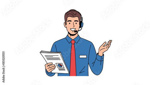 Smiling call center agent in blue shirt and red tie holds papers