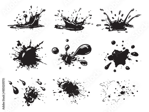 Ink splatters and drops on white background