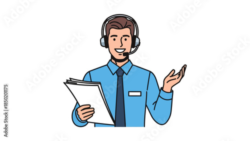 Smiling customer service agent in a headset holding papers and gesturing
