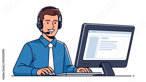 Smiling male call center agent wearing a headset at a desktop computer