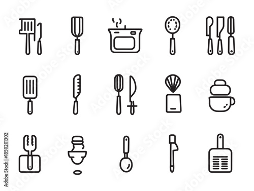 Minimalist black and white line art illustration of various kitchen utensils and cooking tools on a white background