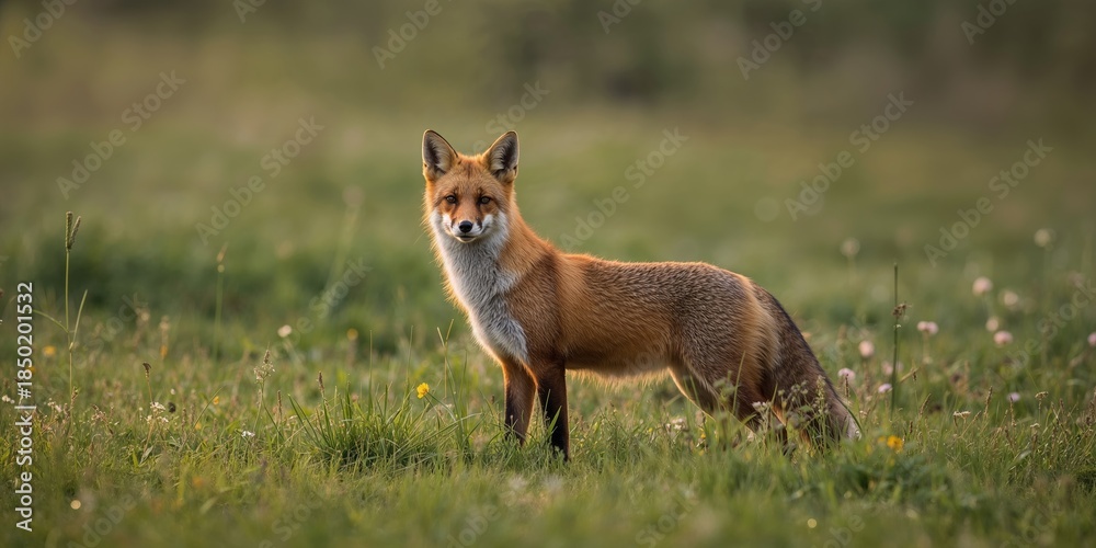 Obraz premium Red Fox on grassy meadow during evening sunset, natural habitat and animal behavior, Earth Day